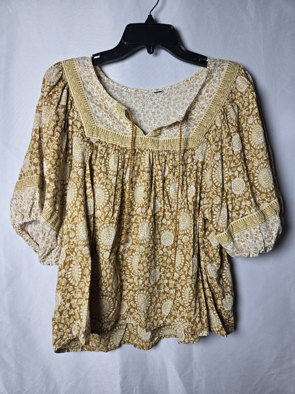 Boho Mustard Floral Peasant Blouse with Square Yoke Either Small Or Med